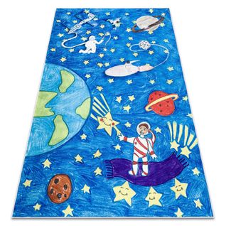 Tapis Lavable Bambino 2265 Fusée Spatiale Pour Les Enfants Antidérapant - Bleu 80x150 Cm