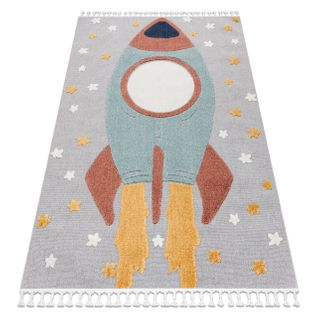 Tapis Yoyo Gd55 Gris / Bleu - Étoiles, La Roquette En Peluche Pour Enfants, Structure 120x170 Cm