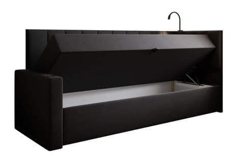 Lit Boxspring 80x200 Cm Tokio Avec Matelas Ressorts Intégré Et Rangement - Noir - Gauche