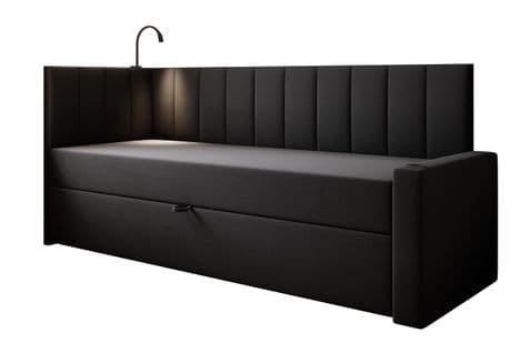 Lit Boxspring 100x200 Cm Tokio Avec Matelas Ressorts Intégré Et Rangement - Noir - Droit