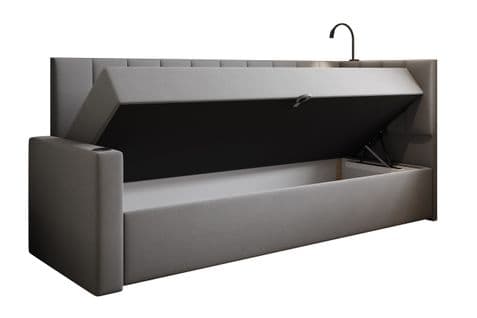 Lit Boxspring 100x200 Cm Tokio Avec Matelas Ressorts Intégré Et Rangement - Gris - Gauche