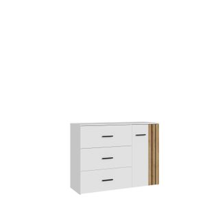 Commode 3 tiroirs 1porte 120cm WAKATIPU blanc brillant/imitation chêne