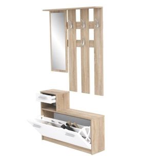 Peili Vestiaire D'entrée Avec Miroir Scandinave Décor Chêne Et Blanc L 97 Cm