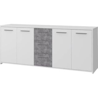 Buffet Bas - Blanc Et Décor Gris Béton - 4 Portes + 3 Tiroirs - L 179 X P 42 X H 74,5 Cm