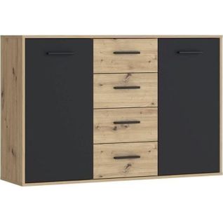 Buffet Pilvi Particules Mélaminé Décor Chêne Et Noir 2 Portes + 4 Tiroirs L122,6 X P34,2 X H81,7cm