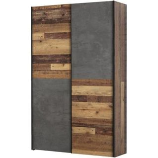 Armoire 2 Portes Coulissantes Multifonction - Bois Et Béton Gris - L 120 X P 41,6 X H 190,5 Cm