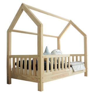 Lit Cabane 90x190 Barrière Et Sommier Inclus Pieds 10 Cm Daisy - Bois