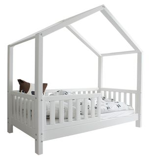 Lit Cabane 90x190 Barrière Et Sommier Inclus Pieds 10 Cm Roxane - Blanc