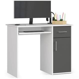 Bureau D'ordinateur Pin Blanc 90 Cm 1 Porte 1 Tiroir Façade Gris Graphite 3 Étagères 90x50x74