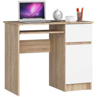 Bureau D'ordinateur Droit Piksel Sonoma 90 Cm 1 Porte 1 Tiroir Façade Blanche 3 Étagères