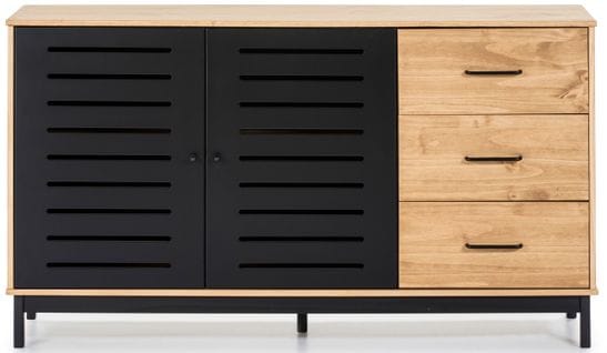 Buffet En Pin Massif Noir, Meuble De Rangement Coloris Chêne - L. 141 X P. 40 X H. 80 Cm