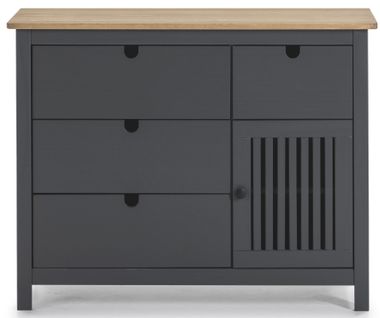 Commode En Pin Massif Décor Ciré Gris Anthracite Et Chêne, Meuble De Rangement