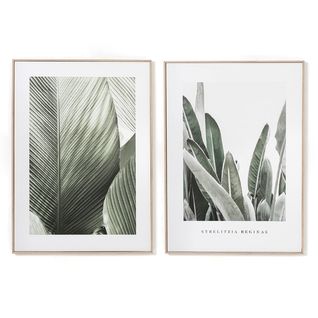 Ensemble De 2 Tableaux Imprimés De Feuilles Vertes Avec Un Cadre En Bois Effet Chêne