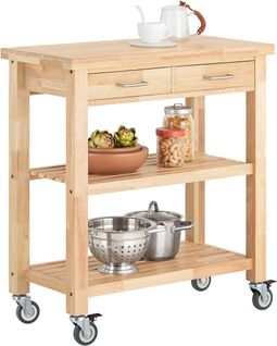 Chariot De Cuisine En Bois D'hévéa Kitchen Trolley Desserte Roulante Avec Deux Étagères, Fkw24-n