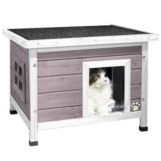 Maison Pour Chat En Bois Avec Toit Bitumé Autoportant Et Porte à Lamelles Pvc Gris