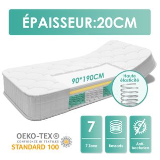 Matelas Ressort 90x190 Epaisseur 20 cm, 7 Zones Avec Drap-Housse