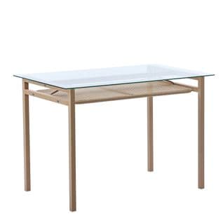 Table Avec Rangement, 110x65x74 Cm, Plateau En Verre Trempé, Beige