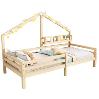 Lit Enfant Maison 90x200 Cm, Avec Étagère En Forme De Cheminée, Bois