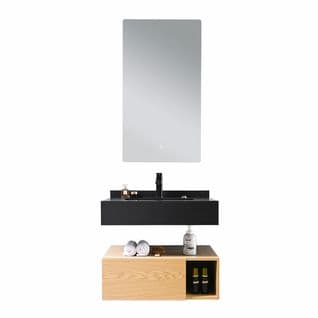 Meuble De Salle De Bain Simple Vasque 70cm Noir Et Bois Avec Miroir Led