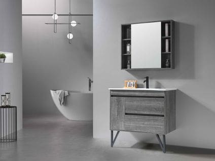 Meuble Salle De Bain Simple Vasque 100cm Gris Effet Bois Avec Miroir Et Colonne De Rangement