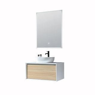 Meuble De Salle De Bain Simple Vasque 80cm Blanc Et Bois Avec Miroir Led