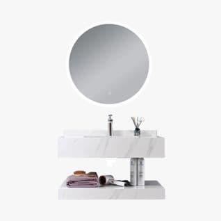 Meuble De Salle De Bain Simple Vasque 100cm  Effet Marbre Blanc Avec Miroir LED