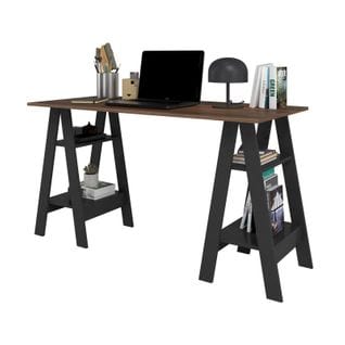 Bureau 2 Tréteaux 4 Niches Noir Et Châtaignier L 135 H 75 P 60 Cm