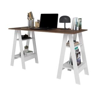 Bureau 2 Tréteaux 4 Niches Blanc Et Châtaignier L 135 H 75 P 60 Cm