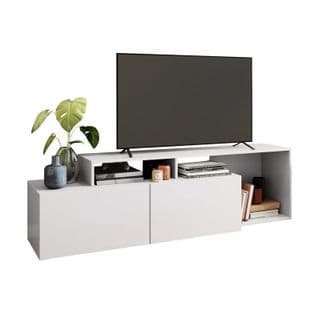 Meuble TV 50 Pouces 2 Abattants Blanc 6 Niches L 164 H 46.5 P 37.5 Cm