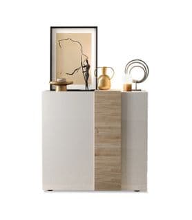 Buffet Haut 2 Portes - blanc laqué brillant et chêne cadiz - L121 Cm