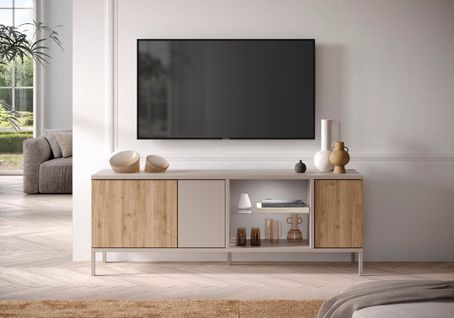 Meuble TV 3 portes GENT L. 160 cm imitation chêne et beige