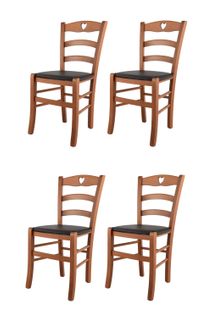 Set 4 Chaises Cuore En Hêtre Couleur Cerisier, Assise En Cuir Artificiel Couleur Moka