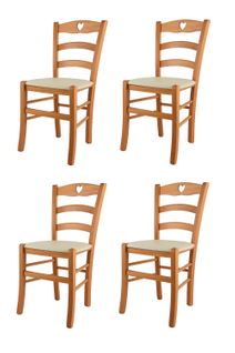 Set 4 Chaises Cuore En Hêtre Couleur Miel, Assise En Cuir Artificiel Couleur Ivoire