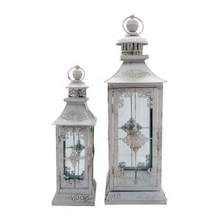 Lot De 2 Grandes Lanternes Bougeoirs En Métal Blanc Pour L'extérieur Et L'intérieur