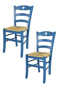 Set 2 Chaises Cuore Cuisine, Bar Et Salle à Manger En Hêtre Aniline Bleu, Assise En Paille