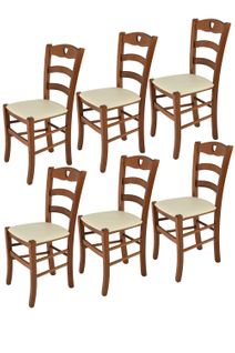 Set 6 Chaises Cuore En Hêtre Noyer Clair, Assise En Cuir Artificiel Ivoire