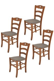 Set 4 Chaises Cuore En Hêtre Noyer Clair, Assise En Tissu Chevreuil