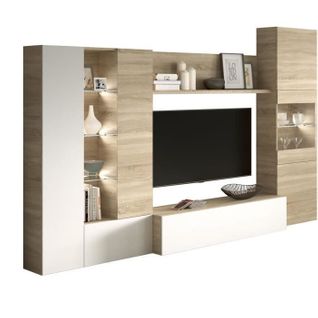 Essencial Meuble TV Avec LED Classique - Blanc Brillant Et Décor Chêne - L 260 Cm
