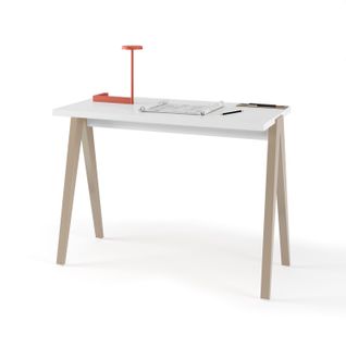 Bureau Fabriqué En Mélamine Avec Pieds En Hêtre Massif, Modèle Compas En Couleur Blanc Et Taupe