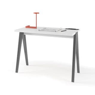 Bureau Fabriqué En Mélamine Avec Pieds En Hêtre Massif, Modèle Compas En Couleur Blanc Et Gris