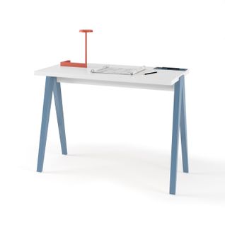 Bureau Fabriqué En Mélamine Avec Pieds En Hêtre Massif, Modèle Compas En Couleur Blanc Et Bleu