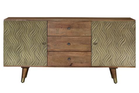 Buffet 3 Tiroirs Et 2 Portes En Bois De Manguier, 76x160x40 Cm