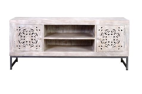 Meuble TV - Bois De Manguier - Blanc Effet Vieilli - 55 X 130 X 40 Cm