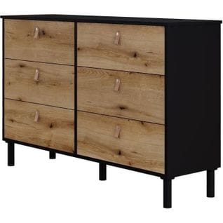 Commode Samanthe 6 Tiroirs - Décor Noir Et Chêne - L 140 X P 40 X H 90 Cm