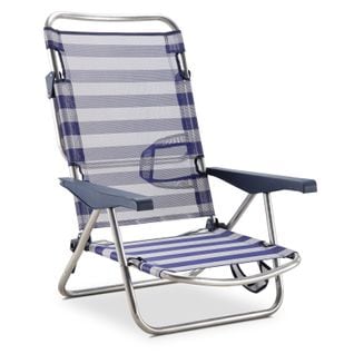 Chaise De Plage Lit Pliable   4 Positions Bleu Et Blanc Dossier Bas Avec Accoudoirs 81x62x86 Cm