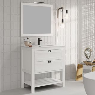 Meuble De Salle De Bain 80 Cm Simple Vasque - Pin Massif - 2 Tiroirs - Pyla - Blanc