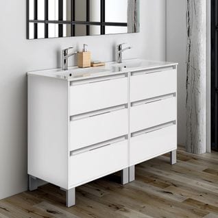 Meuble De Salle De Bain 120cm Double Vasque - 6 Tiroirs - Sans Miroir - Tiris 3c - Blanc