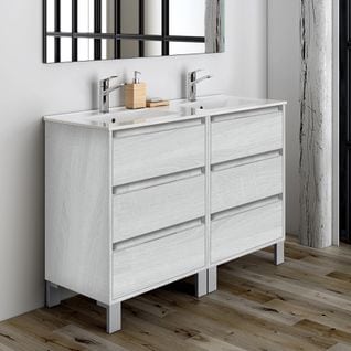 Meuble De Salle De Bain 120cm Double Vasque - Sans Miroir - Tiris 3c - Hibernian (bois Blanchi)