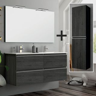 Meuble De Salle De Bain 140cm Double Vasque + Colonne De Rangement - Balea - Ebony (bois Noir)