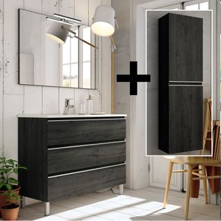 Meuble De Salle De Bain 60cm Simple Vasque + Colonne De Rangement Palma - Ebony (bois Noir)